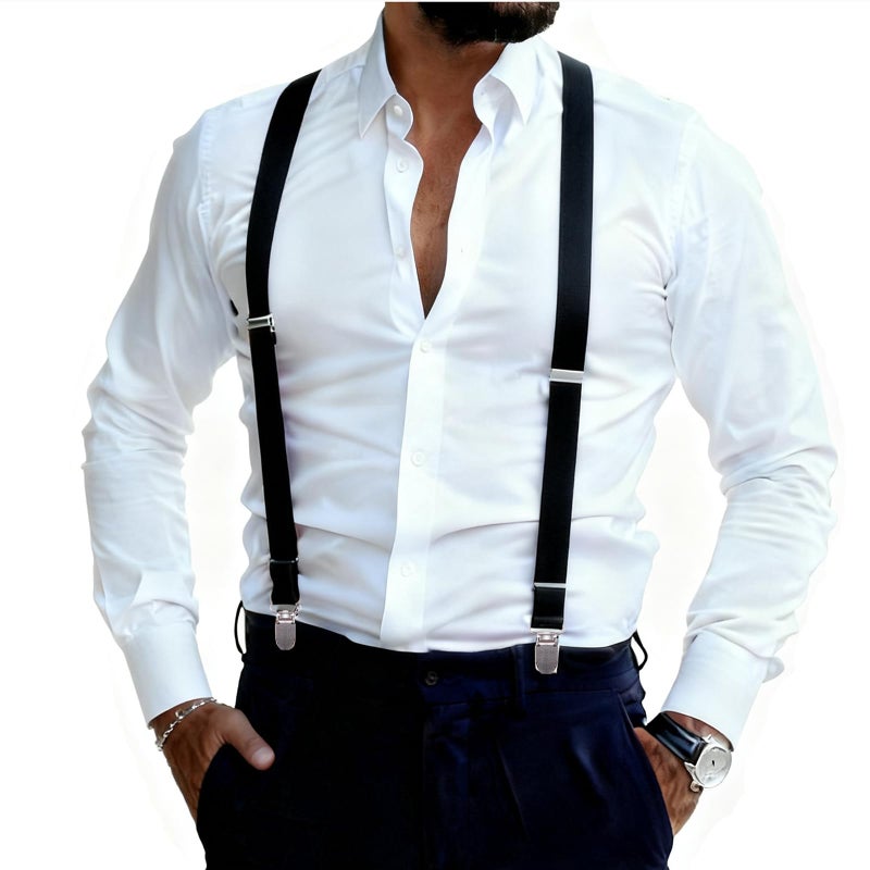 GUCHOL Black Suspenders for Mens with Strong Metal Clips Adjustable Elastic Y Style Leather Heavy Pants Suspender for Wedding&Party (Black) - Image 2